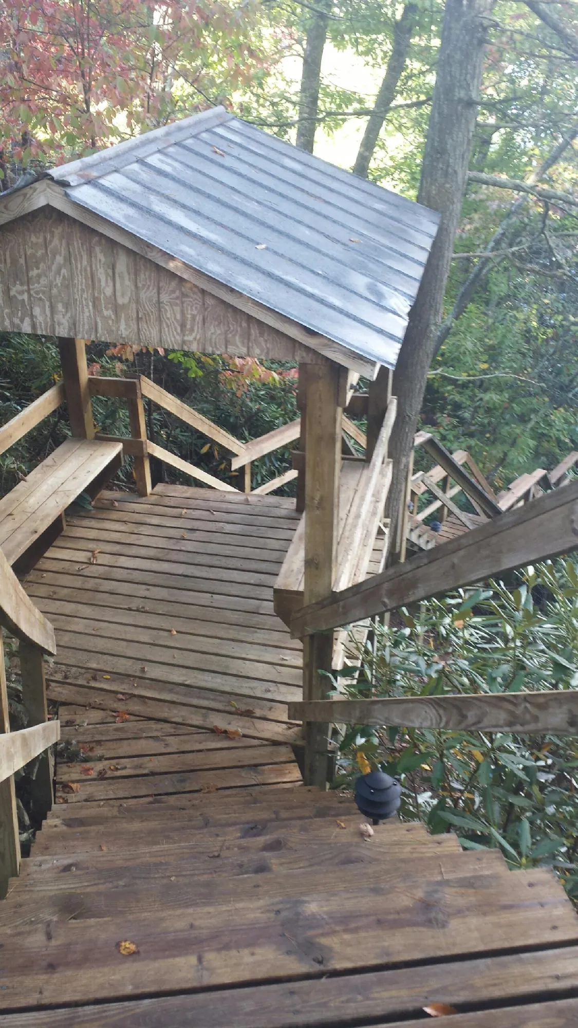 Metal roofed shelter over wooden steps on a wooded walkway — Skylight Repair & Installation work by our crew in Saint Helena Island